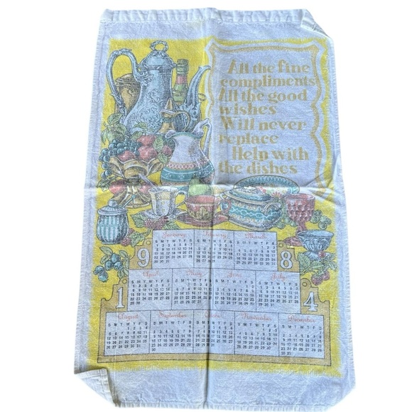 Vintage 1984 Linen Tea Towel Calendar Help With The Dishes - Picture 1 of 10